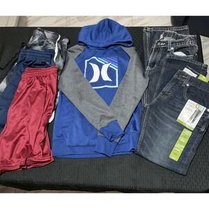 Mixed Brands Outfit Lot Boys 10-12 Blue Hoodie Jeans Pants Athletic Shorts 6 pc